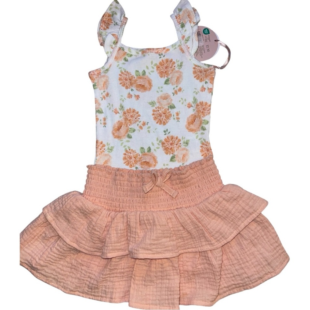 Floral Threads Girl’s Peach & White Ruffle Strap Top & Skirt with Shorts - 12M